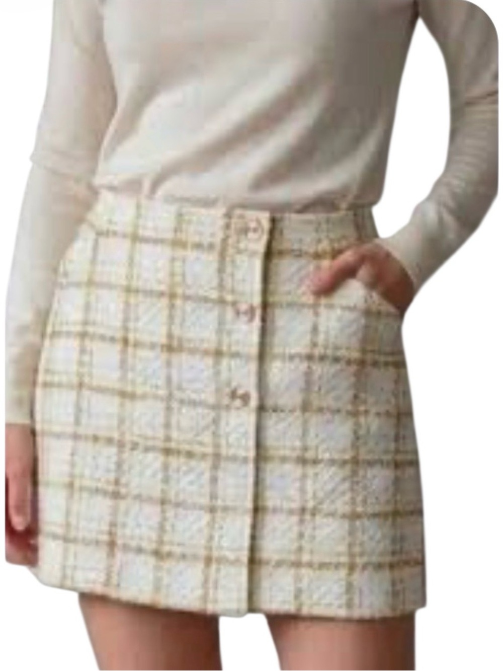CAbi Cream and Yellow Plaid Tweed Mini Skirt Size 14